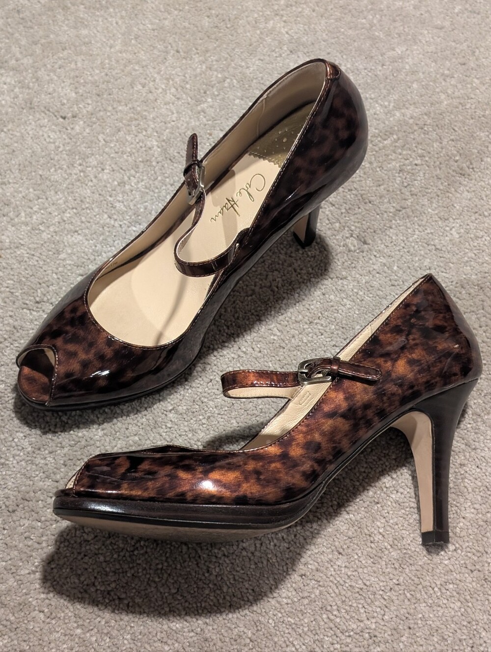 Cole Haan Brown Tortoiseshell Peep-Toe Mary Jane Patent Leather Heels